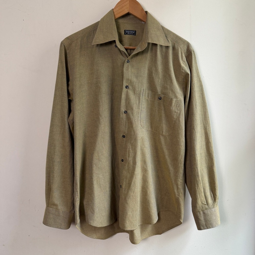 Pavone Vintage Made in Italy Button Down Shirt Olive Green Mens Large Good